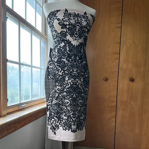 Express (NWT)- Black and White Strapless Sheath Dress - Picture 9 of 16